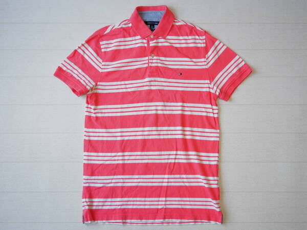 ☆送料無料☆ TOMMY HILFIGER トミーヒルフィガー USA直輸入 古着 半袖 ボーダー ロゴ ポロシャツ メンズ M スリムフィット コーラルレッド