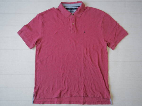 ☆送料無料☆ TOMMY HILFIGER トミーヒルフィガー USA直輸入 古着 半袖 ロゴ ポロシャツ メンズ XL クラシックフィット レッド系 中古 即決