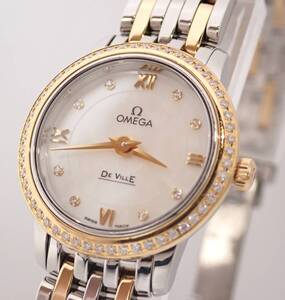 定価116万円超美品オメガ デビル プレステージ 424.25.24.60.55.001 ベゼル ダイヤ シェル文字盤 8Pダイヤモンド K18YGコンビ