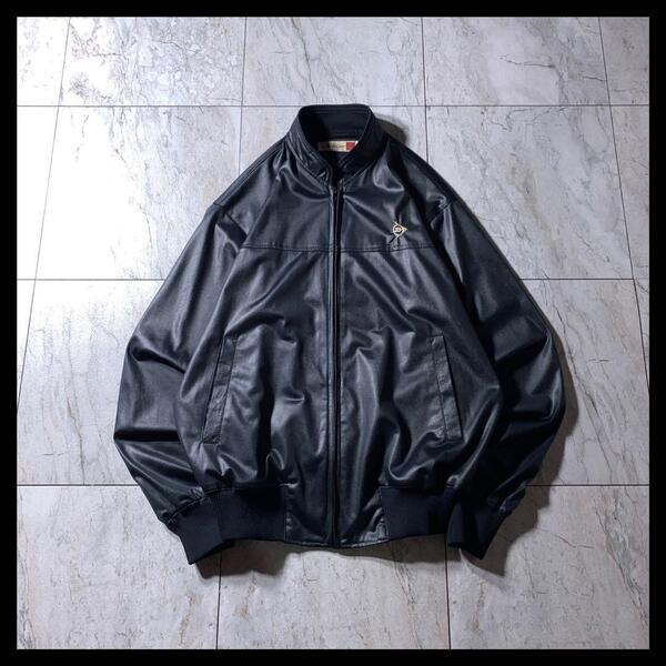 レトロ古着 フェイクレザー 短丈 スイングトップ トラックジャケット 黒 M