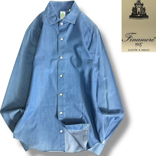 J3084 美品 フィナモレ ストレッチシャンブレーシャツ インディゴ 15/38 FINAMORE