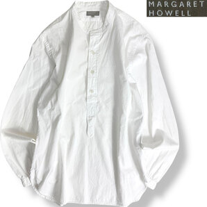 J6124 美品 マーガレットハウエル バンドカラープルオーバーシャツ ホワイト M MARGARET HOWELL