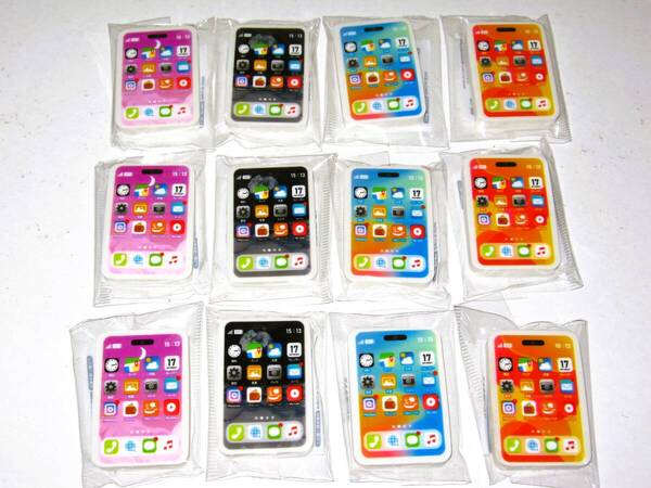 スマホ消しゴム 12個セット】ブラック パープル オレンジ ブルー 黒 紫 青 橙 プレゼント 子供 おもちゃ けしごむ 文房具 面白い 消しゴム