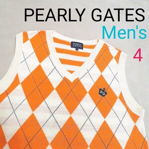 【超美品】PEARLY GATES パーリーゲイツ メンズ4 M相当 ベスト ゴルフウェア ニット Vネック ニットベスト ゴルフベスト 毛100%