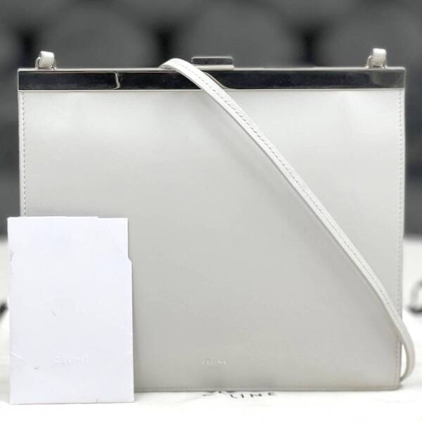 美品☆ セリーヌ クラスプ ショルダーバッグ レザー ライトグレー