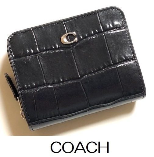 特価! 人気 COACH コーチ クロコ型押し レザー 二つ折り財布 ミニ財布 ブラック CP442 新品本物