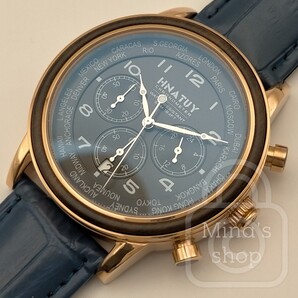 大人の為のドレス系クロノグラフウォッチ【ウッドベゼルインサート/新品】日付 電気メッキプルーフ加工 ローズゴールド/黒文字盤/紺革