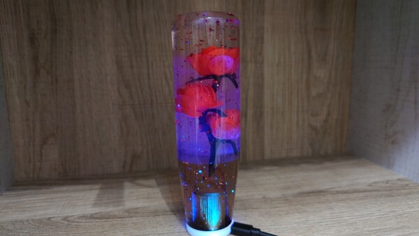 水中花シフトノブ薔薇銀箔LEDイルミネーション15cm 赤 デコトラ 軽トラ 旧車 街道レーサー カスタムカー ドリフト シフトノブ延長
