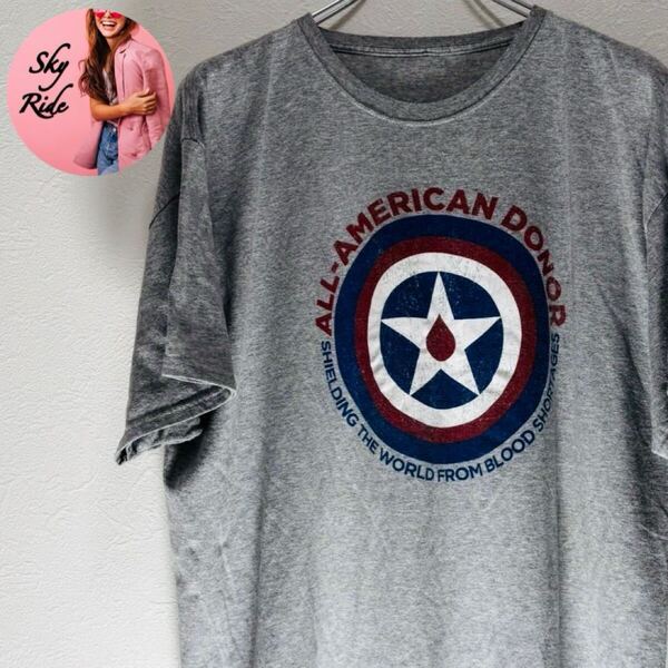 ALL American DONOR ビッグプリント サークルロゴ ヴィンテージ メンズ Tシャツ グレー 3L ビッグシルエット 古着 #SB0093