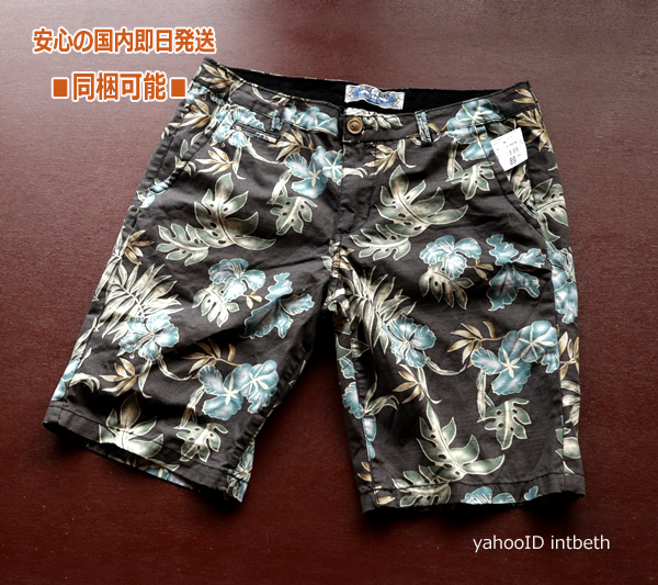 新品■BLUESTEEL茶 ボタニカル花柄 ハーフパンツ42-XL◆メンズ 綿麻 ショート ナチュラル vintage花柄 短パン ボトムス リネン