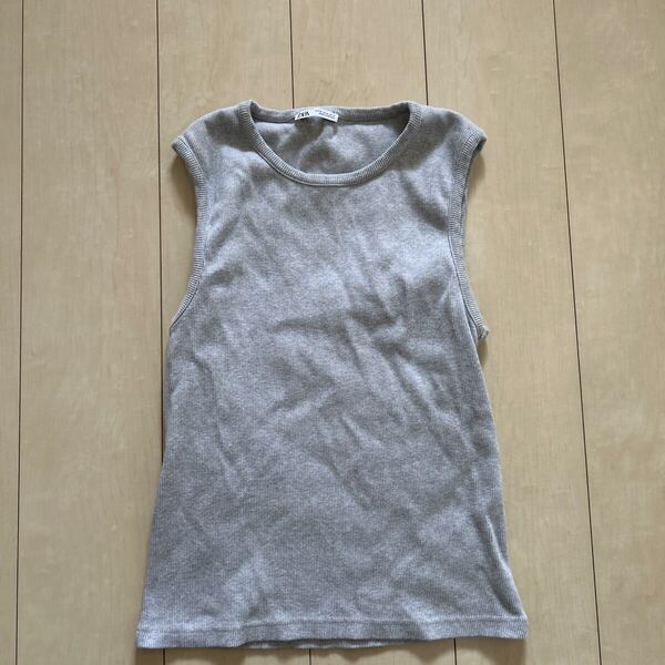 24aw ZARA ヘビーウェイト M リブ ノースリーブ シャツ グレー タンクトップ リブ クルーネック ザラ ヘビーウェイト サーマル Tシャツ