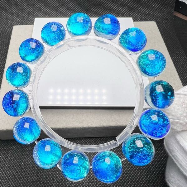 カビラブルー14mm ブレスレット 蓄光 ホタルガラス とんぼ玉