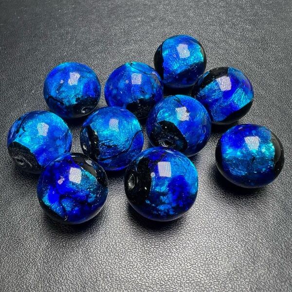 蓄光 ホタルガラス 濃いブルー 16mm 10個 沖縄とんぼ玉 とんぼガラス