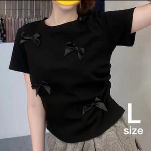 レディース Tシャツ リボン 半袖 韓国 夏服 大人ガーリー キュート L 黒