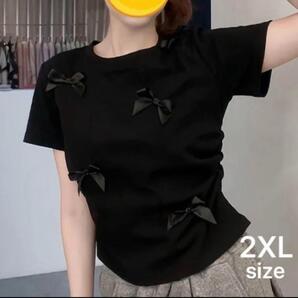 Tシャツ リボン 半袖 韓国 夏服 大人ガーリー キュート 3L XXL