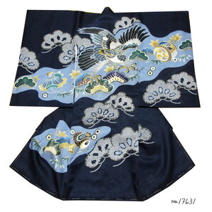 新品 正絹 日本製 お宮参り着物 男児 ネイビー 刺繍入 金駒刺繍 鷹 初着 お宮詣り お宮参り のしめ 産着 出産祝い 17631