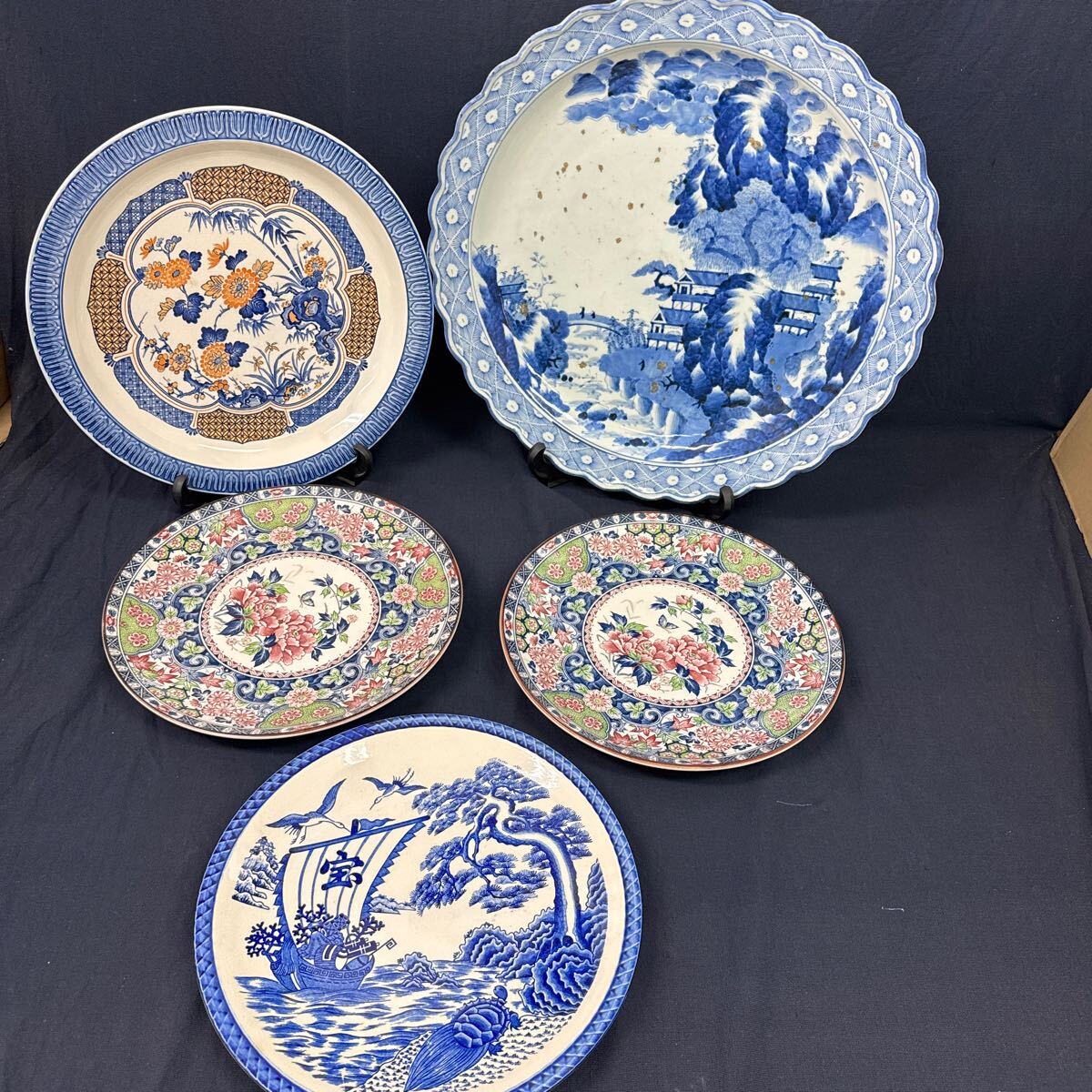 骨董品 昭和レトロ 有田焼 峯山 染付 山水図 大皿 30.7cm 飾り