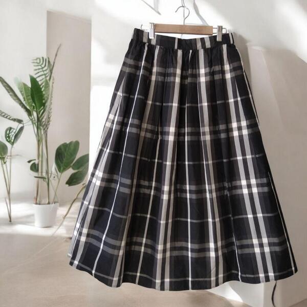 新品 M 定価4378円 エシーム ロングスカート ウエストゴム 黒 白 チェック レディース スカート