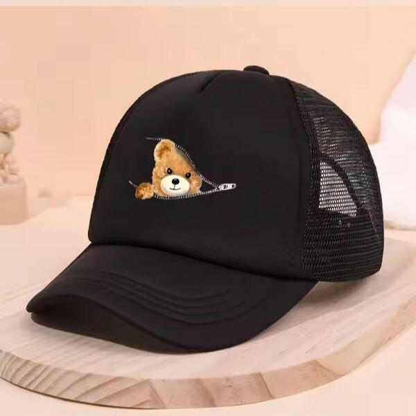 新品 ジップからクマ プリント メッシュ キャップ 野球帽 帽子 メンズ レディース ストリート 黒 ブラック