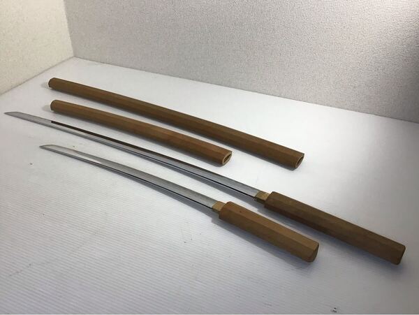 模造刀 白鞘 2本セット しろさや 約全長101cm・69cm 古美術 大刀 小刀 脇差 武具 飾り 舞台 インテリア