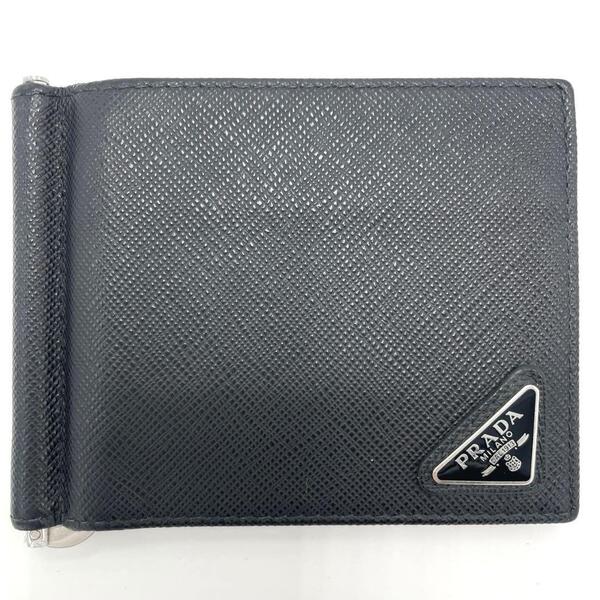 No.272 超人気☆【超美品】PRADA プラダ サフィアーノ トライアングル マネークリップ 2MN077 三角 ロゴ 二つ折り財布 ブラック メンズ