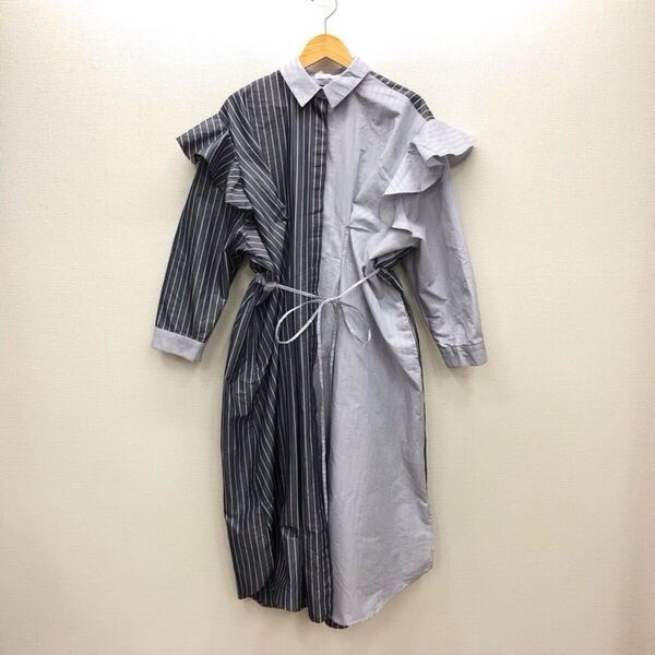 【ふ015】KBF URBAN RESEARCH コンビフリルワンピース One グレー 長袖 ロング丈 前開き 薄地 ウエスト紐リボン付き ブランド古着 送料無料
