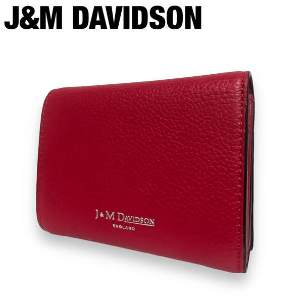 極美品 J&M DAVIDSON ジェイアンドエムデヴィッドソン 三つ折り財布 コンパクトウォレット レザー 赤 レッド スタッズ メンズ レディース