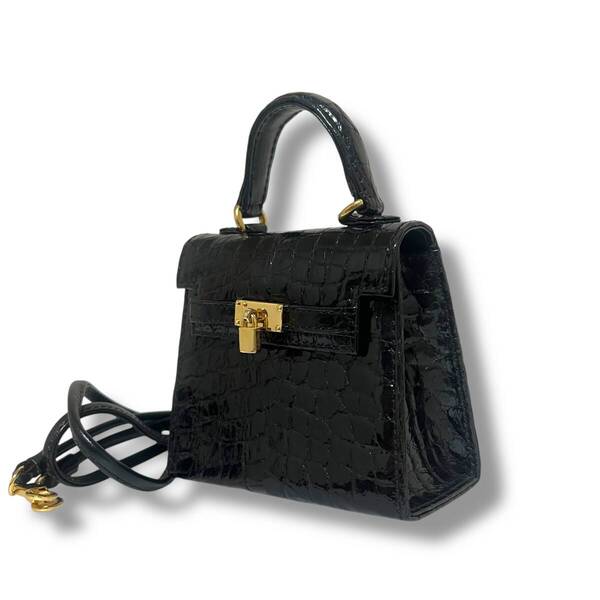 美品 クロコダイル ミニハンドバッグ ショルダーバッグ 2WAY 黒 ブラック ゴールド金具 シャイニング リアルクロコ 肩掛け 斜め掛け