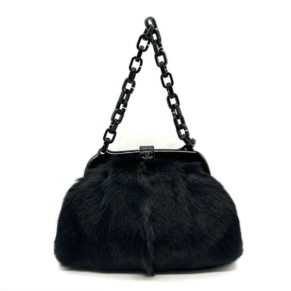 CHANEL シャネル ファー バッグ プラチェーン がま口 ラパン 美品 ブラック ハンドバッグ ショルダーバッグ 黒 ココ ココマーク