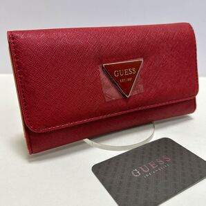 ☆新品-タグ付き☆ ◆GUESS ゲス かぶせ 長財布 SF602651◆ 三つ折り サフィアーノレザー 小銭入れ有 レッド 【送料無料】0409