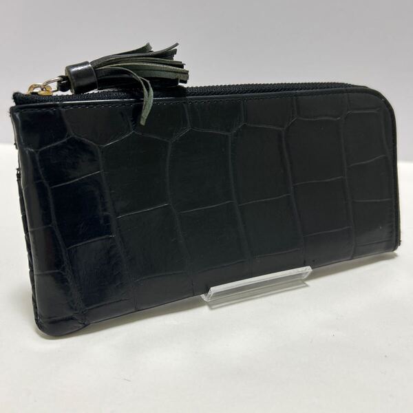 ◆Falchi New York ファルチ L字ファスナー 長財布◆ クロコダイル 本革 小銭入れ有 ブラック×パープル 日本製 【送料無料】0418