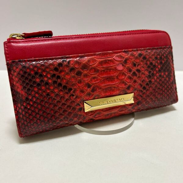 ◆VIVIENNE TAM ヴィヴィアンタム パイソン 本革 L字ファスナー 長財布 レッド◆ 蛇革 ゴールド ロゴ金具 【送料無料】0422