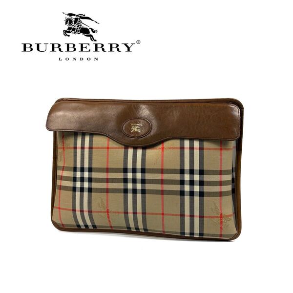 【美品】BURBERRY バーバリー レザー キャンバス クラッチバッグ セカンドバッグ ヴィンテージ シャドーホース ノバチェック ブラウン