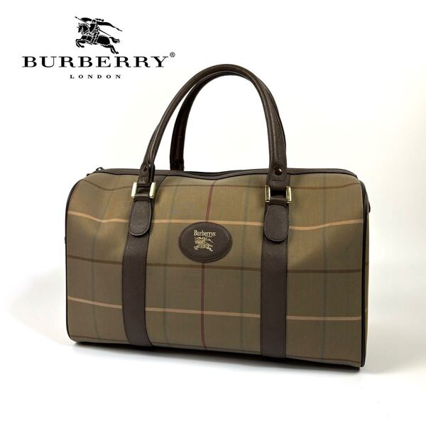 【美品】Burberry バーバリー ヴィンテージ キャンバス レザー ボストンバッグ ウィンドウ チェック シャドーホース 玉虫色 ブラウン