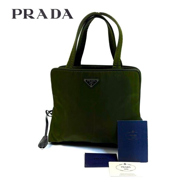 【美品】PRADA プラダ テスート ナイロン ハンドバッグ トートバッグ 三角ロゴ プレート オリーブ ギャランティ カデナ付き イタリア製