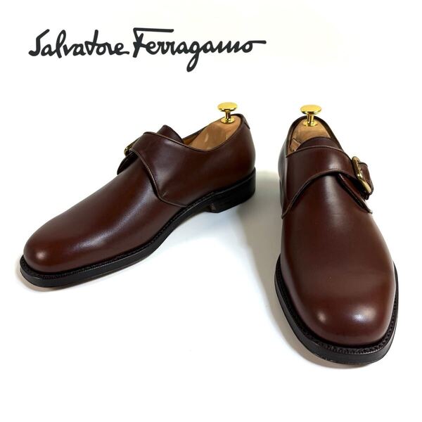 【極美品】Salvatore Ferragamo フェラガモ レザー シングル モンクストラップ ビジネスシューズ TRAMEZZA ブラウン 71/2 EE イタリア製