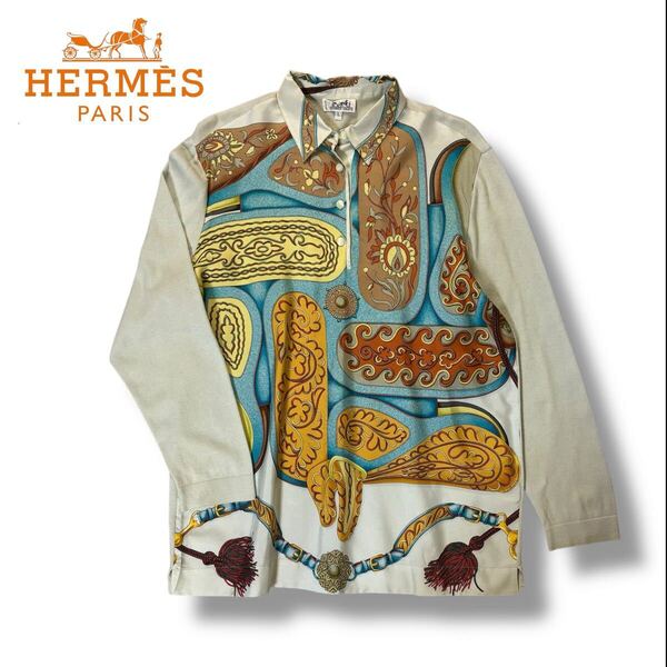 【美品】HERMES エルメス シルク コットン ニット 切り替 トップス ポロシャツ カシミヤ混 ヴィンテージ ライトブルー Lサイズ イタリア製
