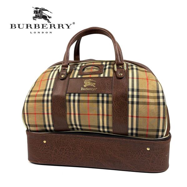 【希少品】BURBERRY バーバリー キャンバス レザー 大容量 ボストンバッグ ハンドバッグ シャドーホース ノバチェック キャメル イタリア製