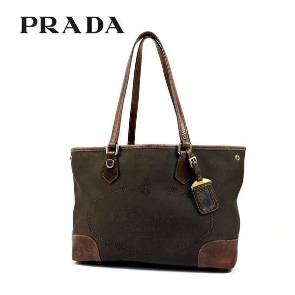 【美品】PRADA プラダ ジャガード キャンバス レザー 肩掛け トートバッグ 刺繍 三角 ロゴプレート ネームタグ ブラウン イタリア製