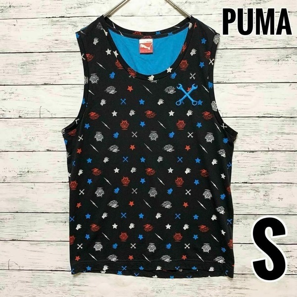プーマ タンクトップ ノースリーブ 黒 プリント 刺繍 ロゴ 水色 【S】PUMA
