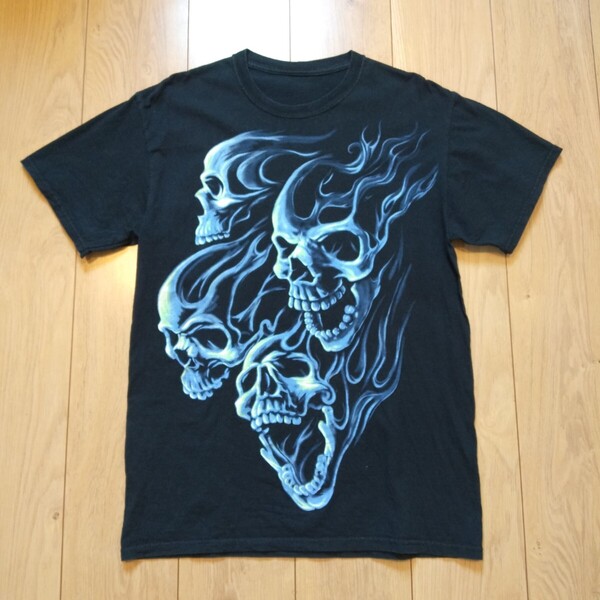 USA古着卸 Mサイズ ブランド不明 スカルファイアー プリント Tシャツ