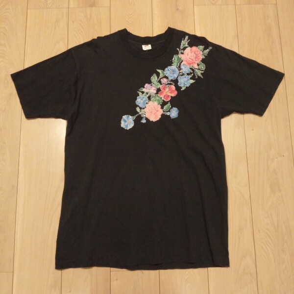 USA古着卸 XLサイズ FRUIT OF THE LOOM フルーツオブザルーム 花柄 別布ラメ接着プリント シングルステッチ Tシャツ