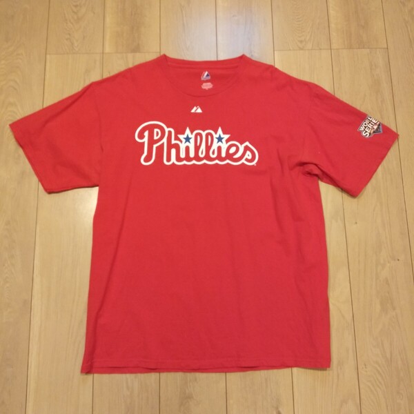 USA古着卸 XLサイズ MAJESTIC マジェスティック MLB フィラデルフィア フィリーズ ロゴ 11 ジミー ロリンズ 両面プリント Tシャツ