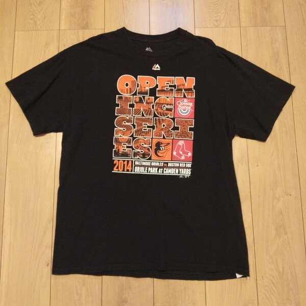 USA古着卸 XLサイズ MAJESTIC マジェスティック MLB ボルチモア オリオールズ OPENING SERIES 2014 プリント Tシャツ