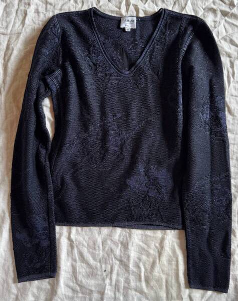 アルマーニ armani collezioni ニット 38 ラメ 高級 ウール混 濃紺 柄物