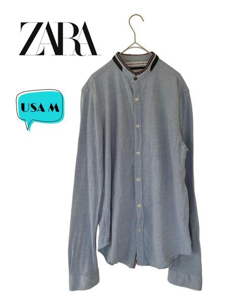 ZARA ザラ エルボーパッチ ノーカラーコットンシャツ USA M