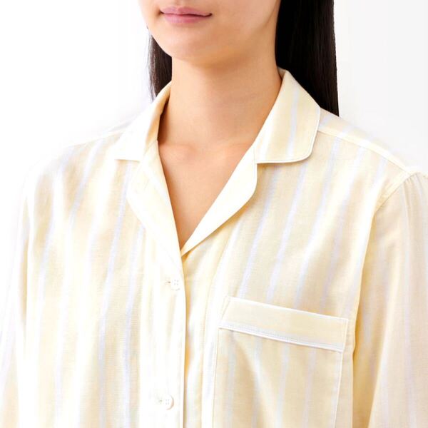 完売!無印良品 婦人 脇に縫い目のない 二重ガーゼ長袖パジャマ イエローストライプ L