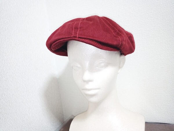 ハンドメイド ハンチング レッド 臙脂色 デニム Mサイズ 59cm 帽子 キャスケット