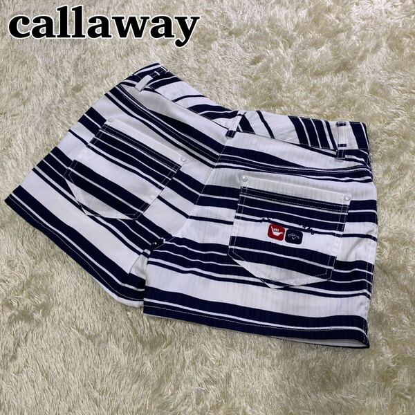 美品【キャロウェイゴルフ callaway】レディースショートパンツ ALOHA ボーダー Mサイズ ハーフパンツ ゴルフウェア ホワイト×ネイビー