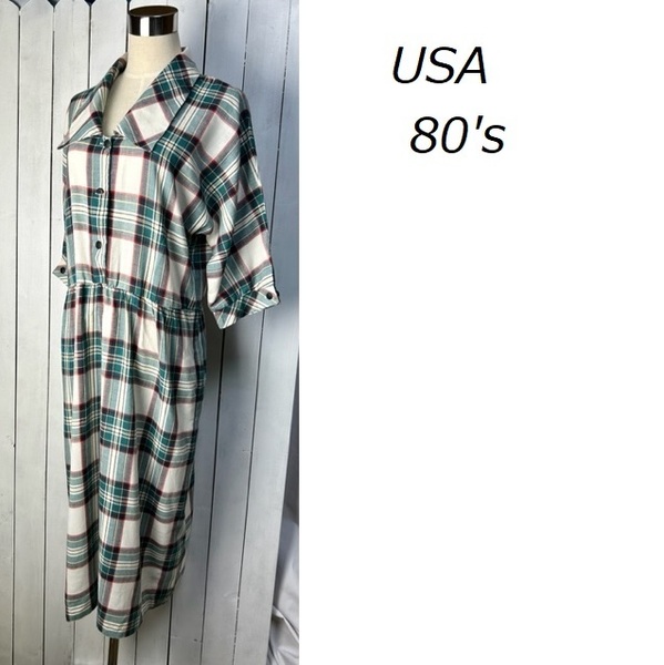 USA古着 80s USA製 大きい襟 5分袖 タータンチェックロングワンピース 12 オールド ヴィンテージ アメリカ 春夏秋 薄手 ポリコットン ★212